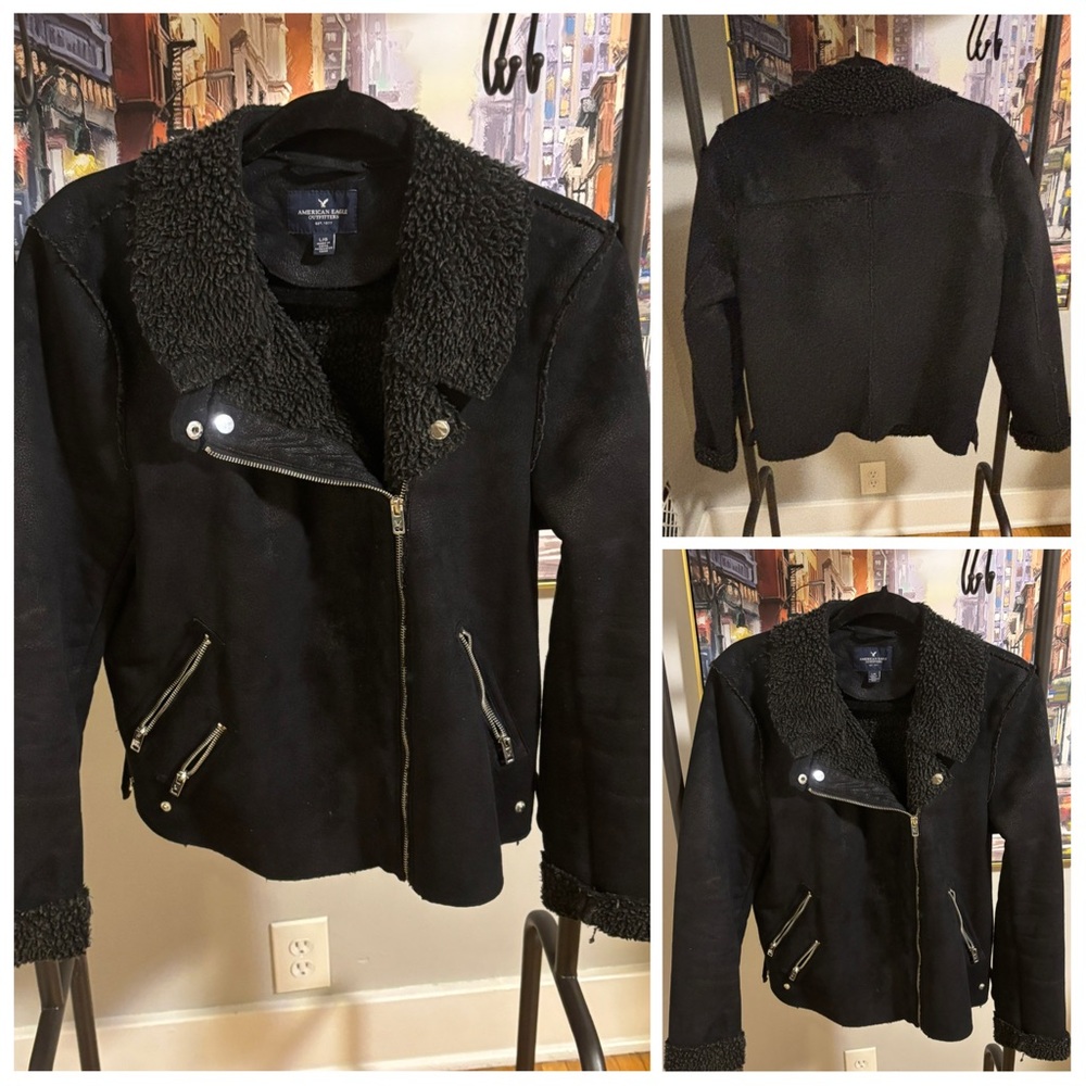 American Eagle Black Shearling Women's Moto Jacket